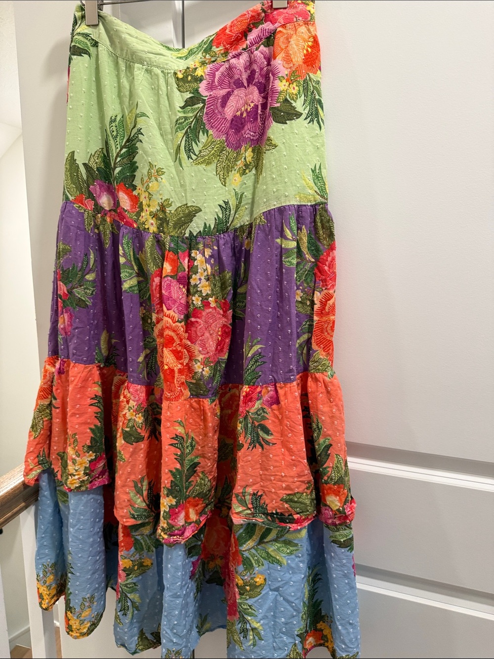 FARM Rio Boho Tiered Floral Maxi Skirt in Pastel Patchwork
